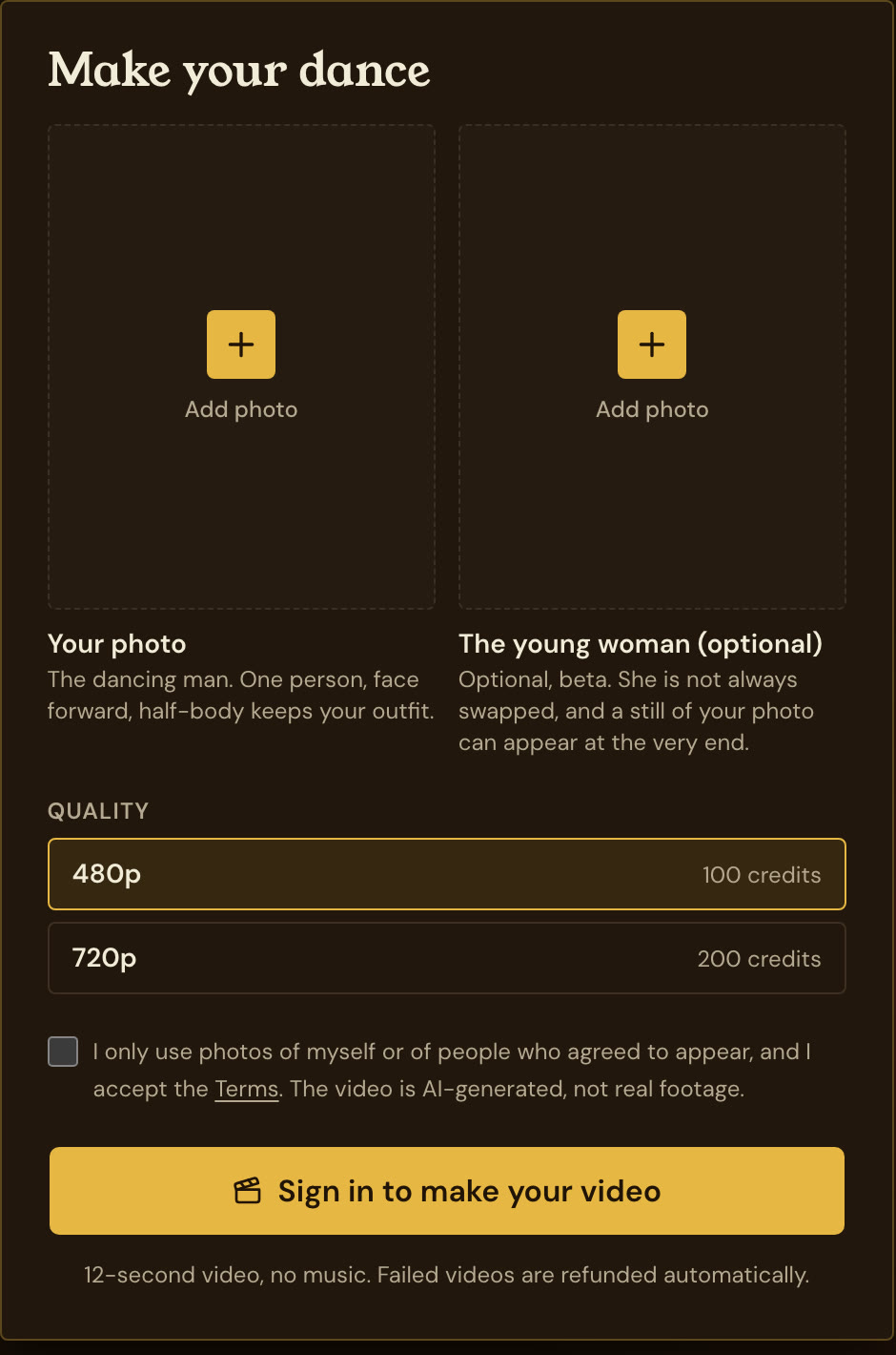 The Rumpelstiltskin AI generator form with a photo slot, the 480p and 720p choice and the generate button